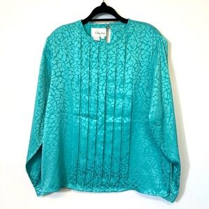Vintage 80s‎ Pleated Blouse Size 14 Abstract Teal Turquoise Satin Secretary Work